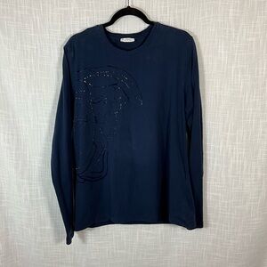 Versace Collection T Shirt Size XXXL Navy Crewneck with Studded Medusa Motif